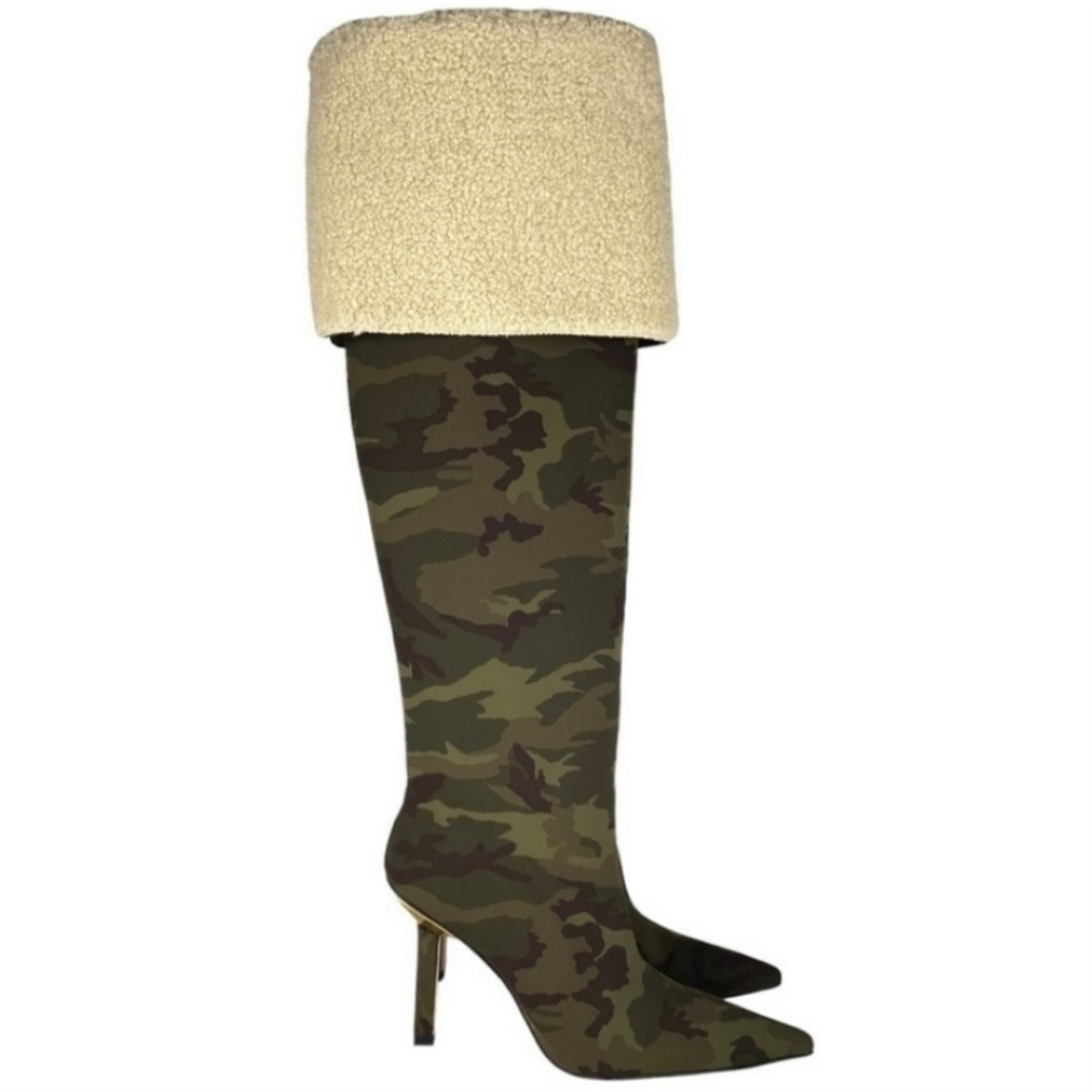 New GOOD AMERICAN HIGH KICKSTAND NEOPRENE OVER THE KNEE CAMO BOOTS